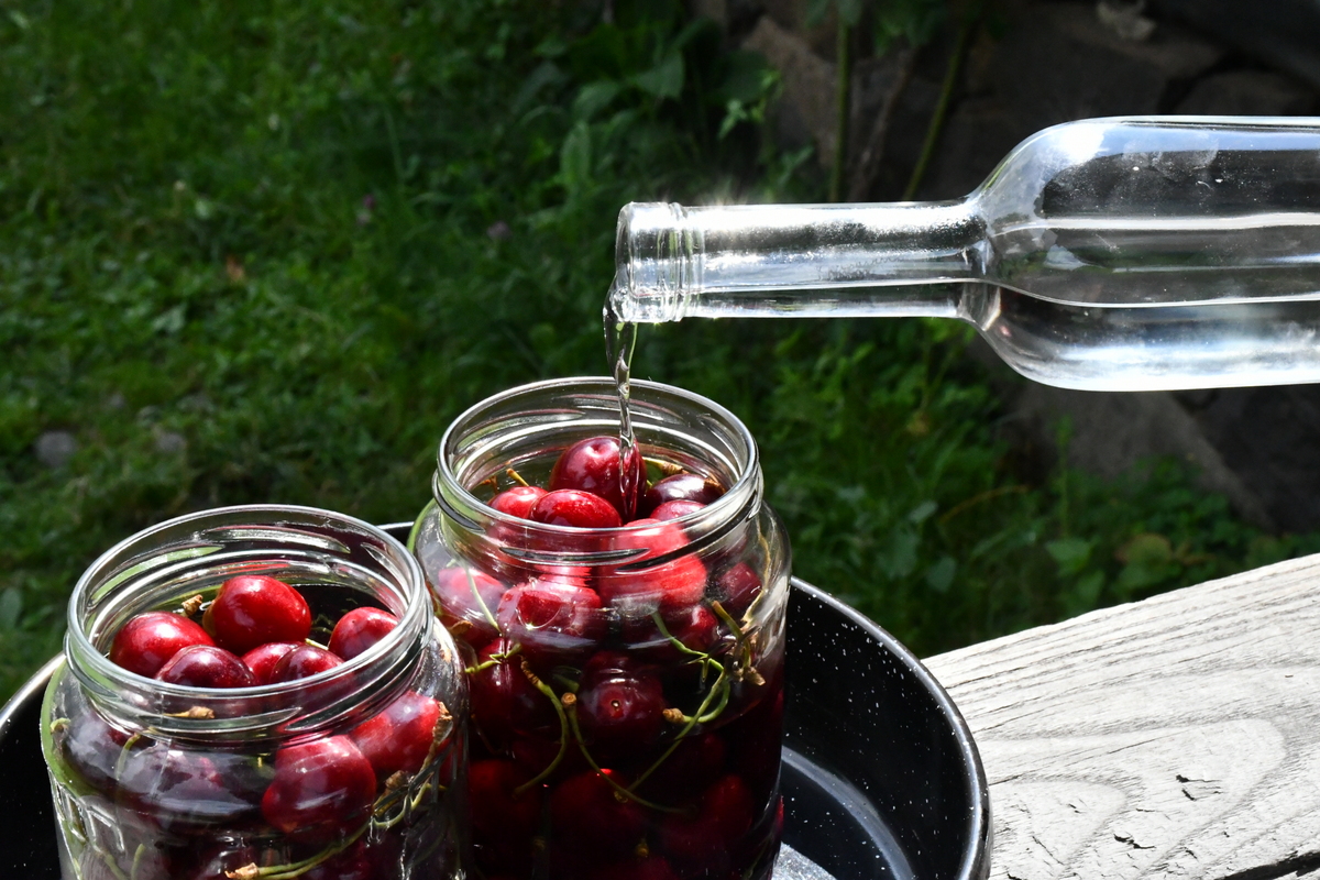 Pouring brandy into a jar of cherries.