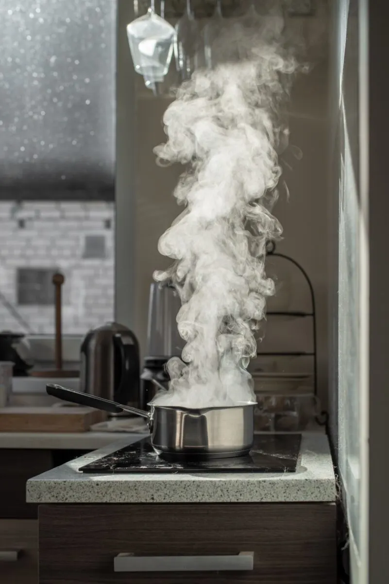 A pot on a stove with steam rising from it.