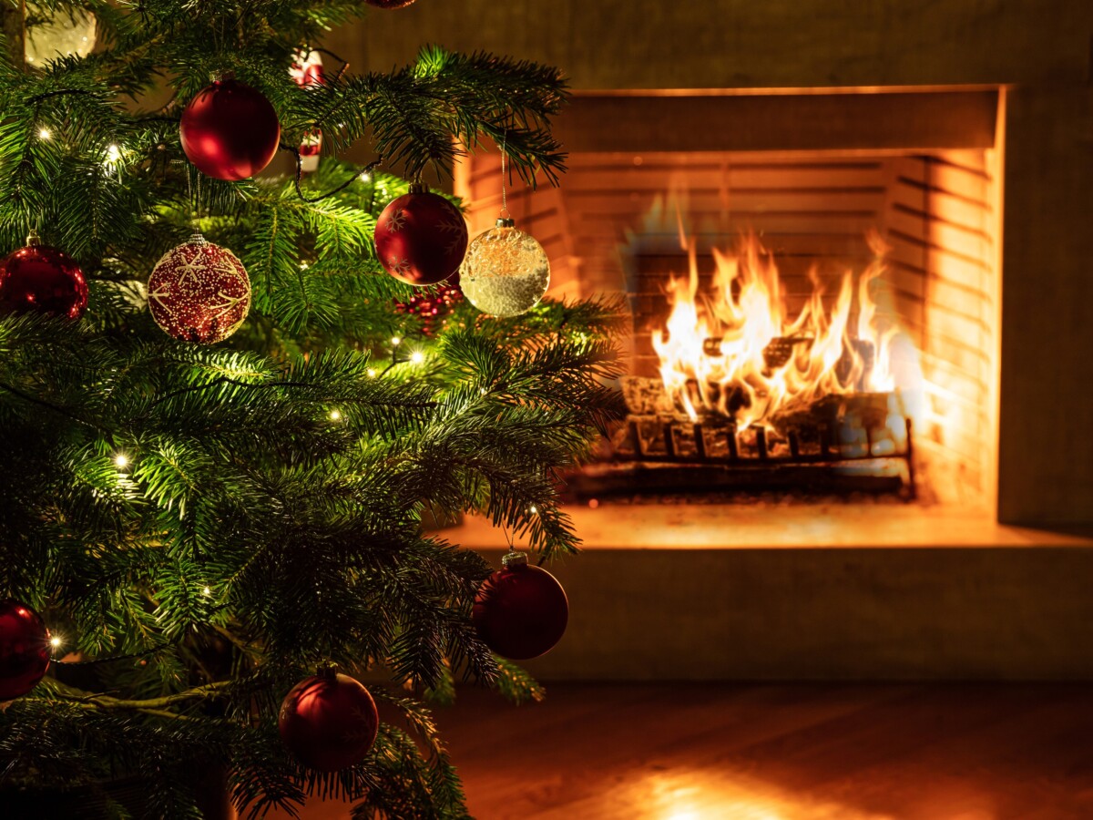 Christmas tree in front of a fireplace