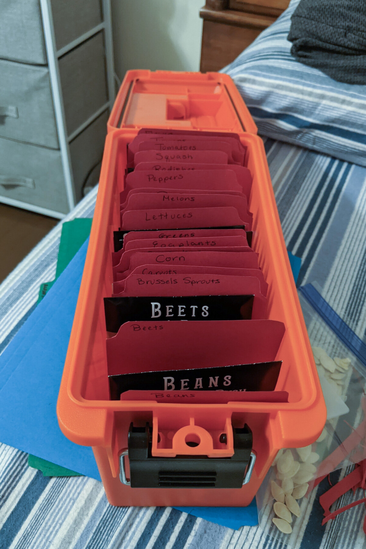 Ammo box repurposed to hold seed packets