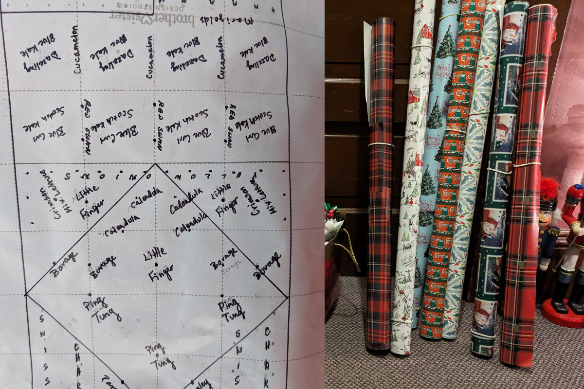 Rolls of wrapping paper and garden plan written on wrapping paper