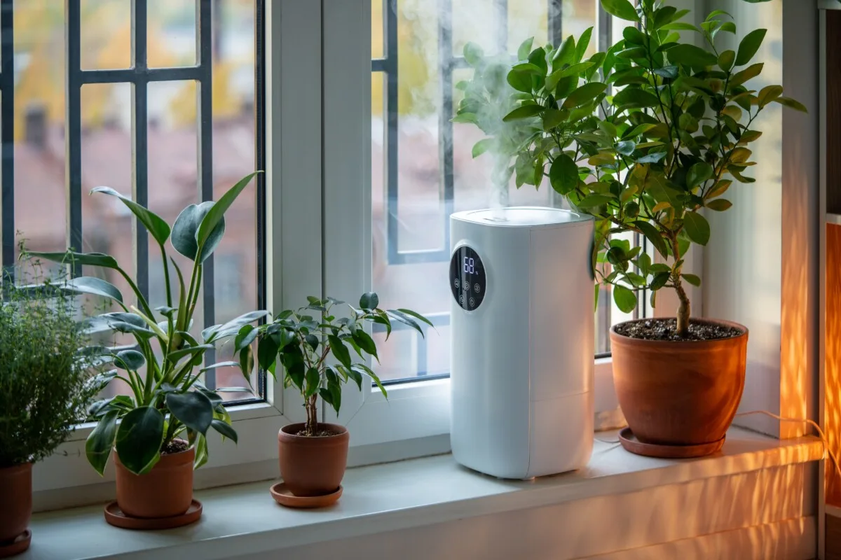 Humidifier on a windowsill near several plants.