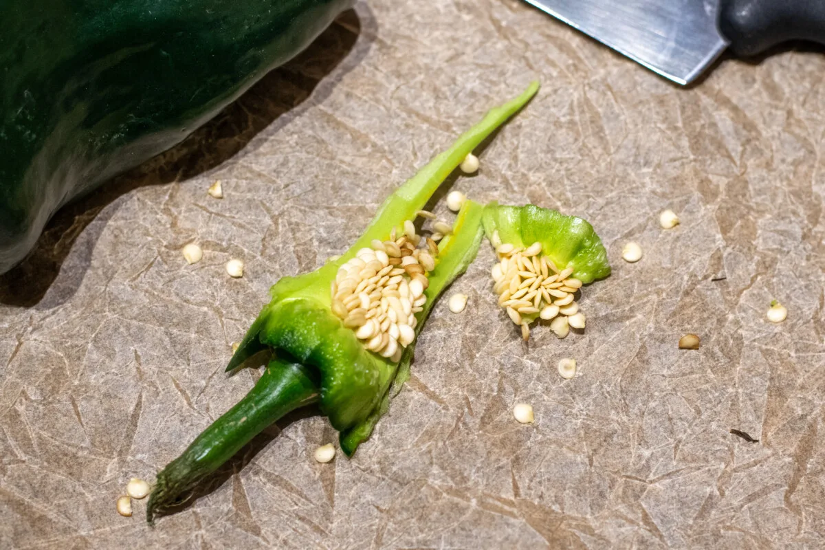 close up of inside of pepper with seeds