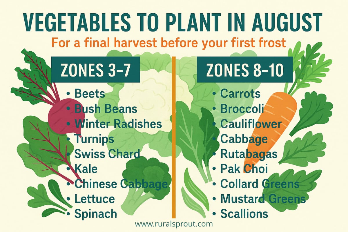 Graphic listing all the vegetables you can plant in August by hardiness zone