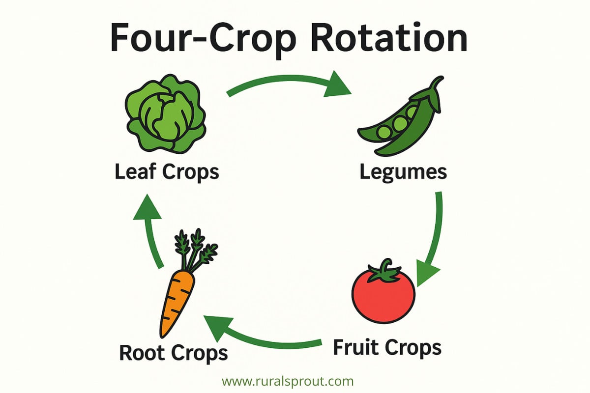 Graphic showing the four-crop rotation practice: leaf crops to legumes to fruit crops to root crops. 