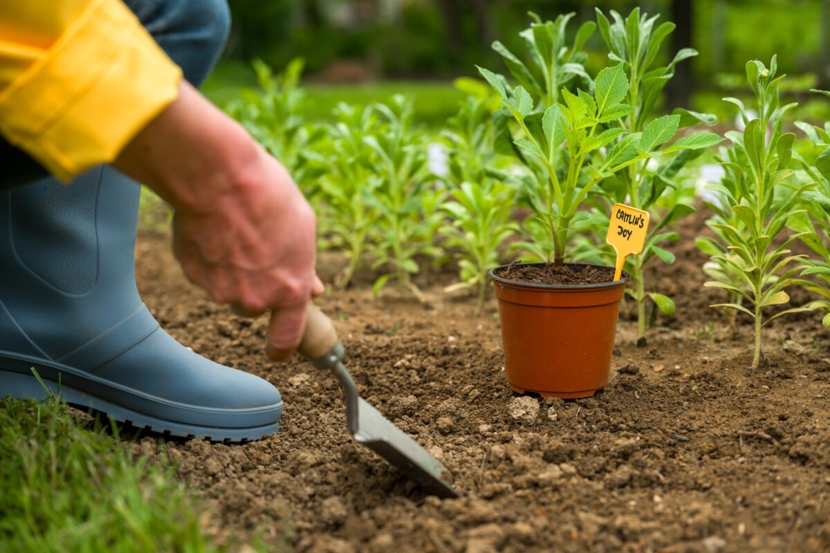 Woman's hand holding a trowel with a potted dahlia next to her