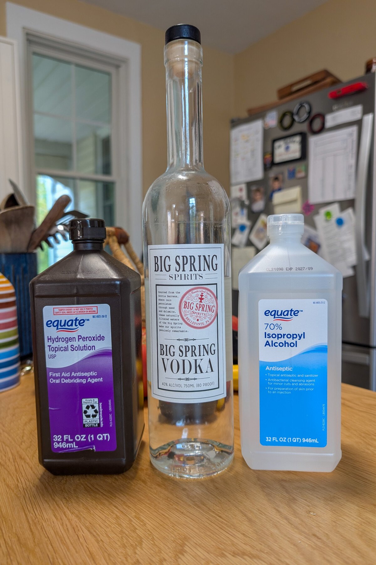 Bottles of hydrogen peroxide, vodka and isopropyl alcohol