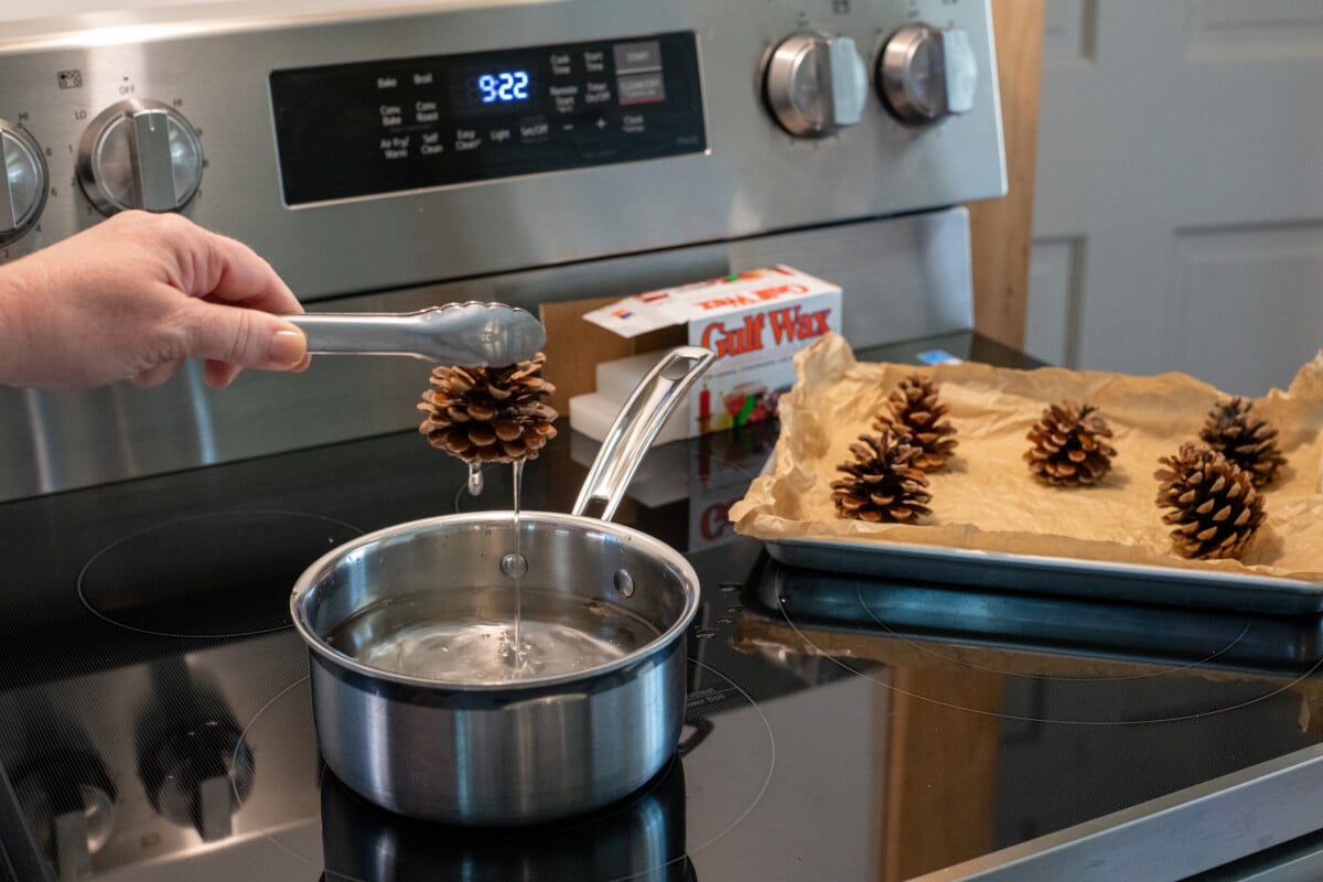 woman's hand dipping pine cones in paraffin wax