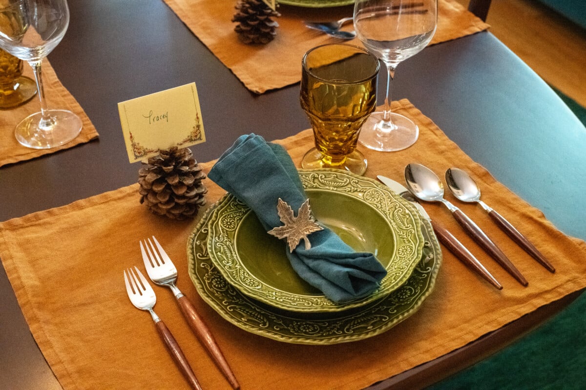 Formal table setting with pine cone place card