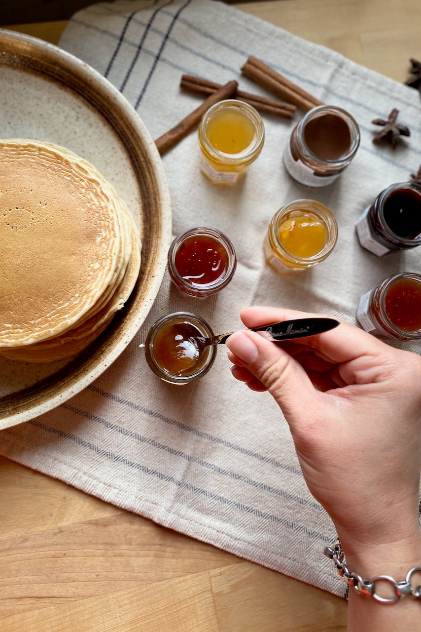 Bonne Maman jams, pancakes and  spoon