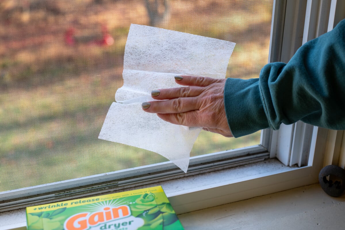 Woman's hand rubbing dryer sheet on windowscreen