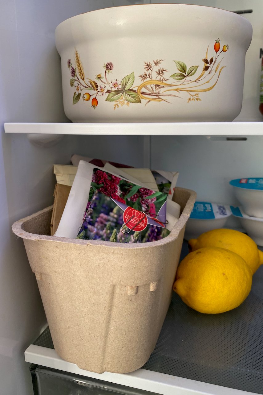 A cardboard bin in the fridge
