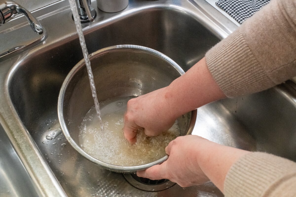 Woman's hands shown washing rice in sink