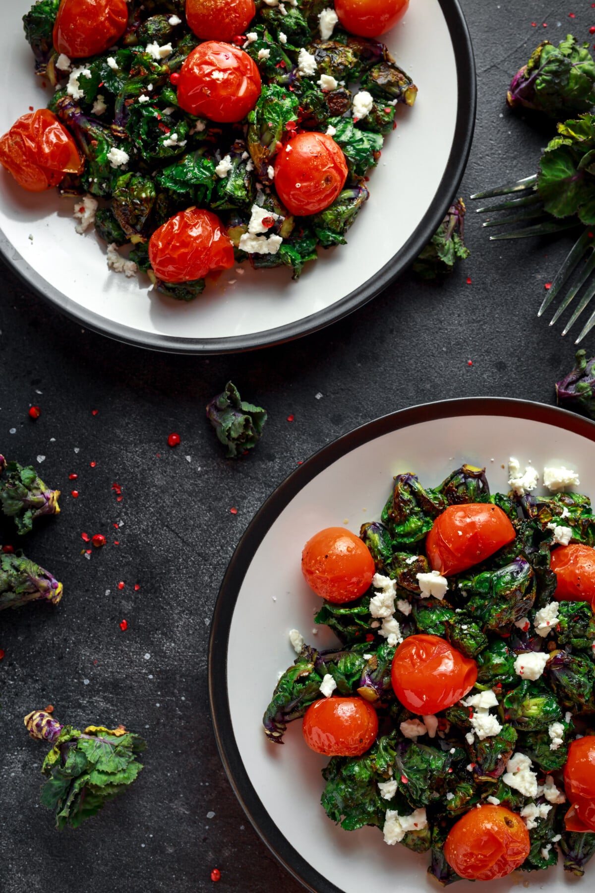 Sauteed Kalettes with tomatoes and goat cheese