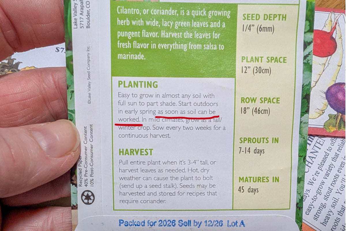seed packet with the words "as soon as soil can be worked." underlined