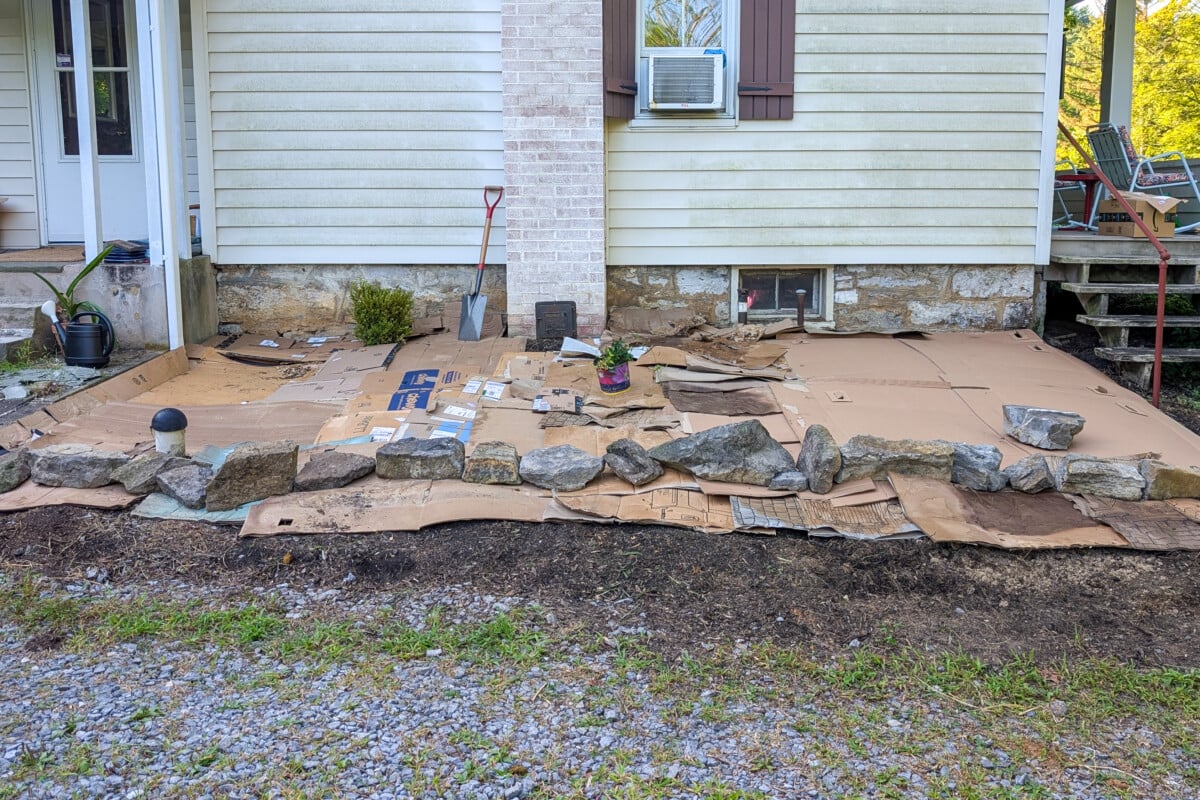 Flower bed with cardboard over the soil