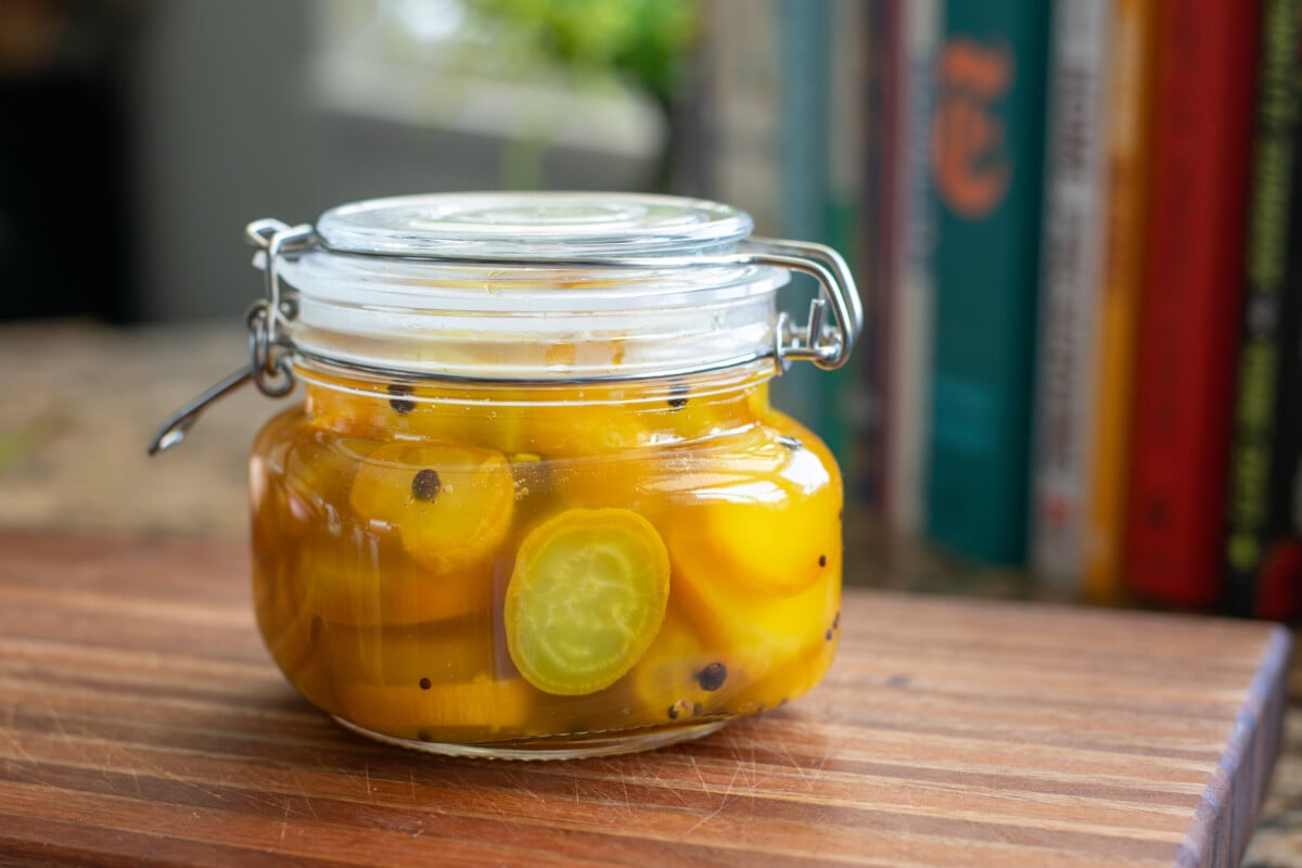 Jar of pickled golden beets
