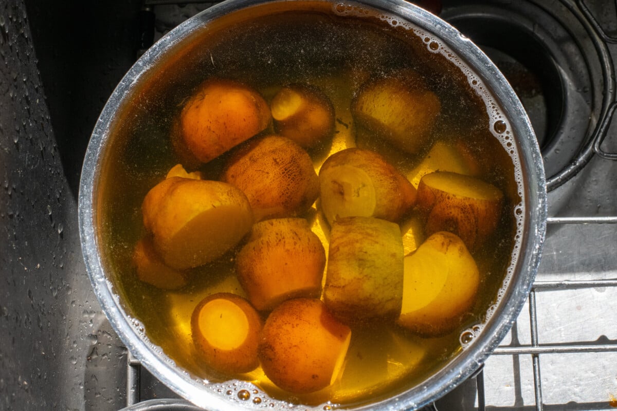 Pan of boiled beets in water