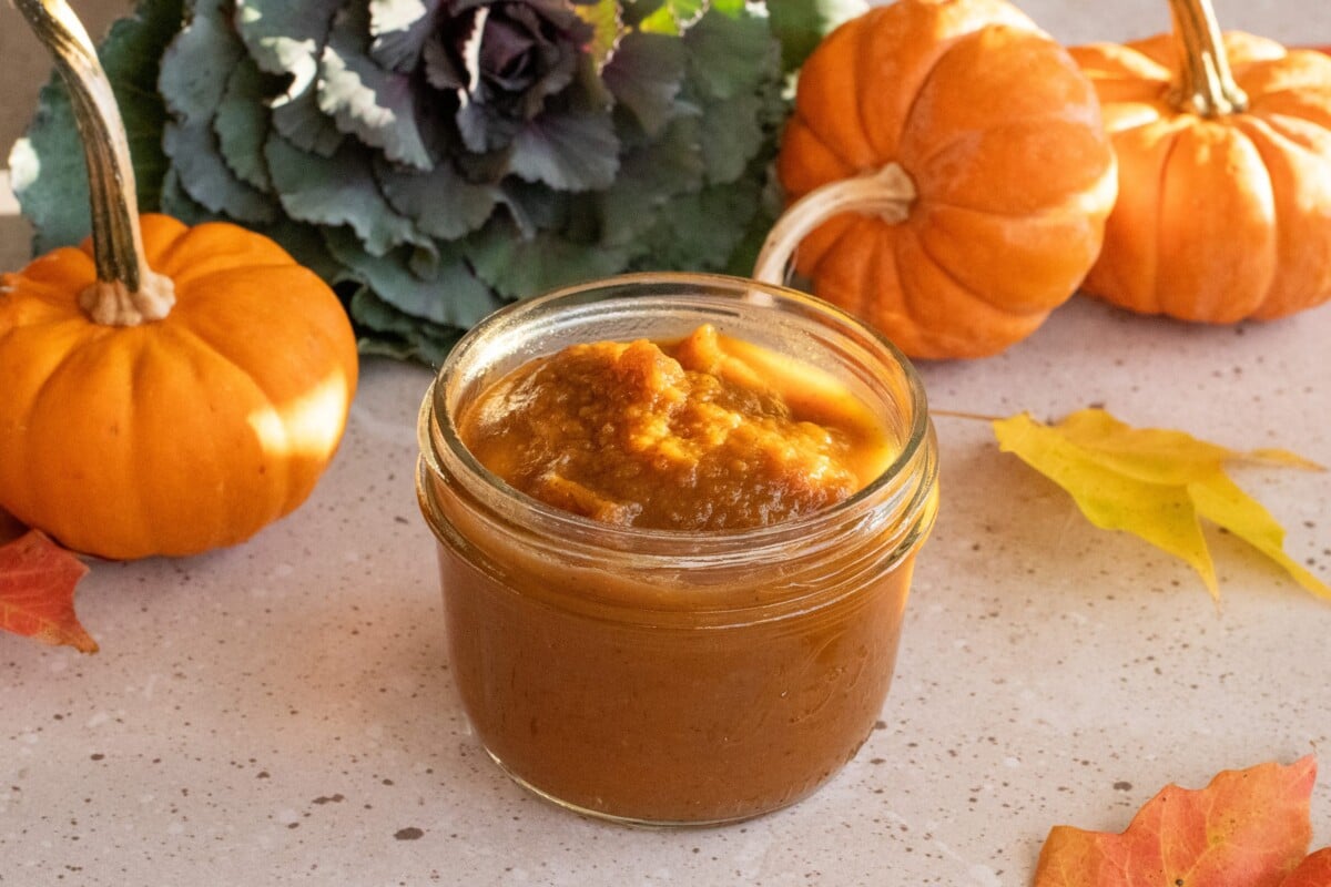 Jar of pumpkin butter surrounded by mini pumpkins, fall leaves and ornamental cabbage