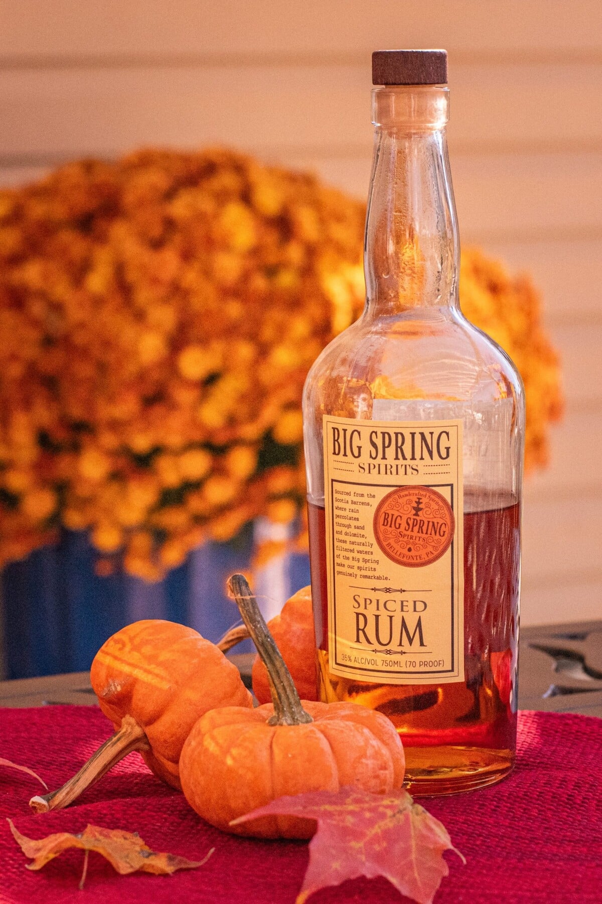 A bottle of spiced rum next to a several small pumpkins and fall leaves, soft focus chrysanthemum in the background